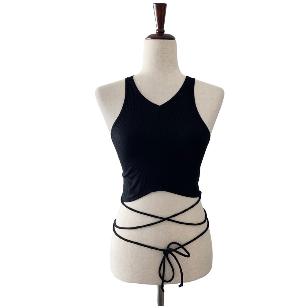 Reformation Yvie Black Ribbed Knit V-Neck Crop Tank Top Tie Wrap Around Waist XS